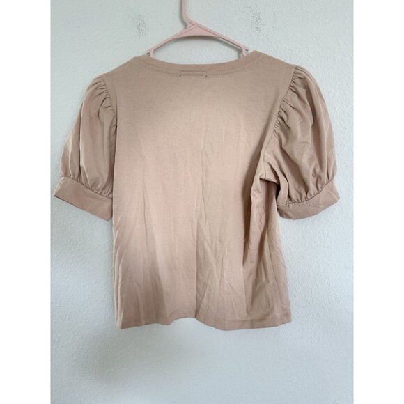 Seven for all Mankind Shirt Size Small Tan Ruched Puff Sleeve V Neck Casual Top - Picture 2 of 6